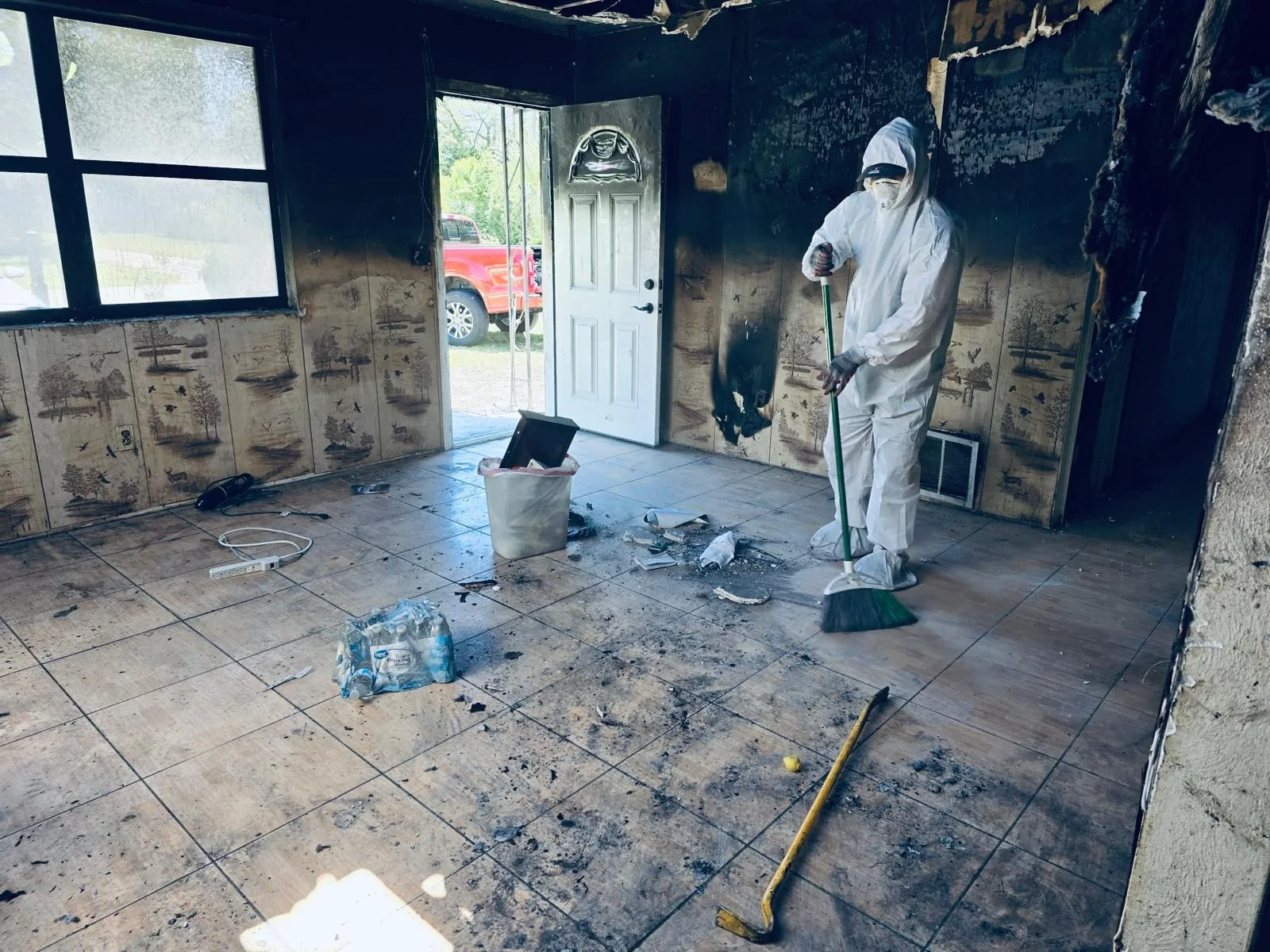 Worker in protective clothing inside a fire-damaged room