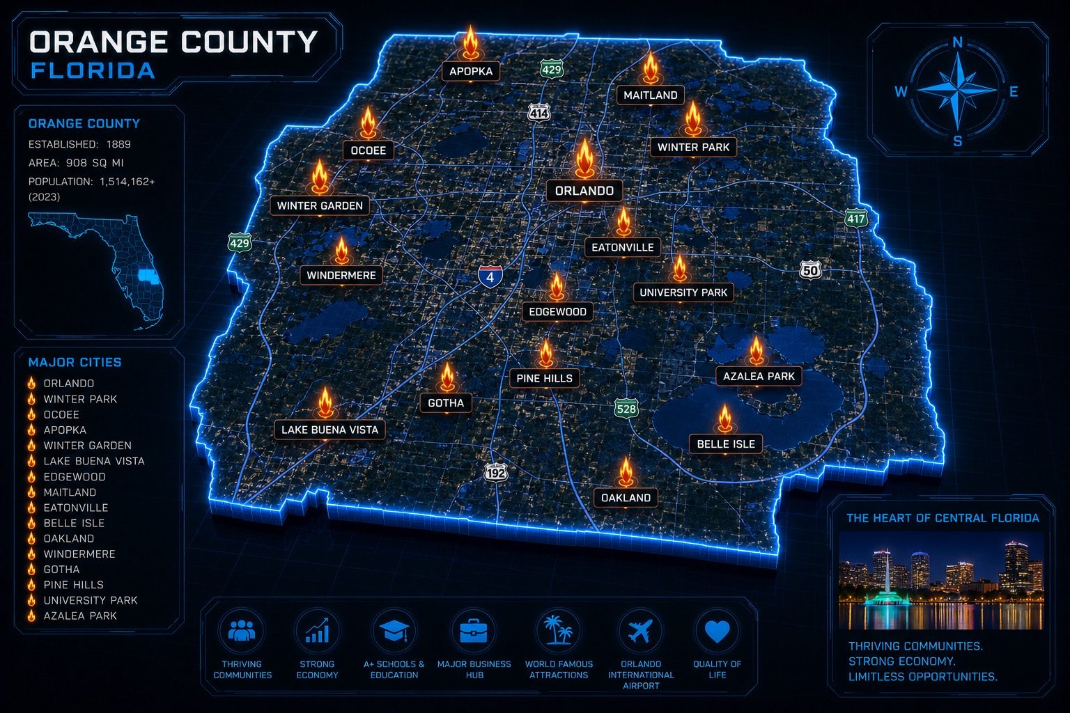 Illustrated map of Orange County, Florida