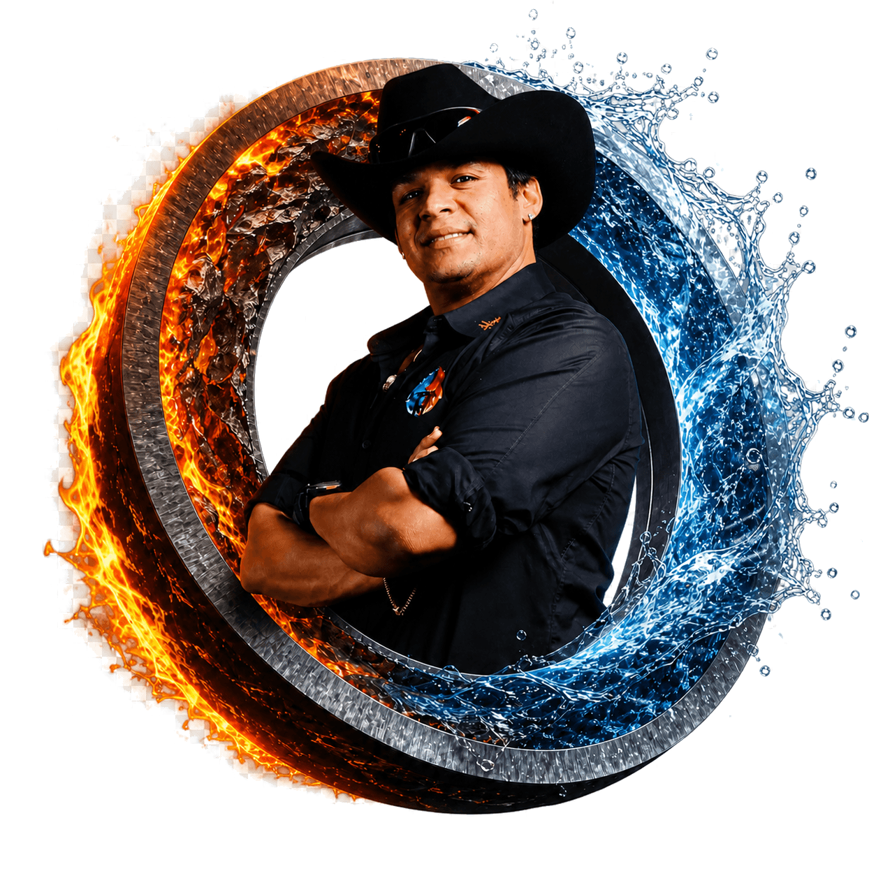 Cowboy portrait surrounded by an illustrated fire-and-water ring