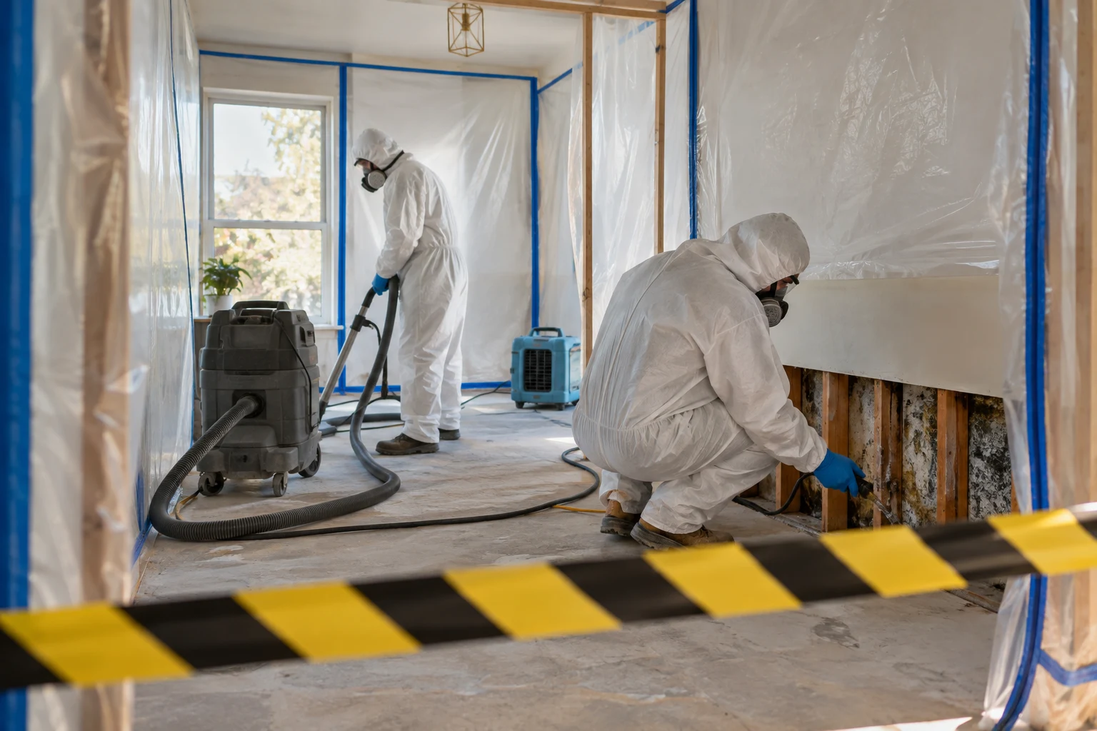 Illustration of workers cleaning inside a contained restoration area