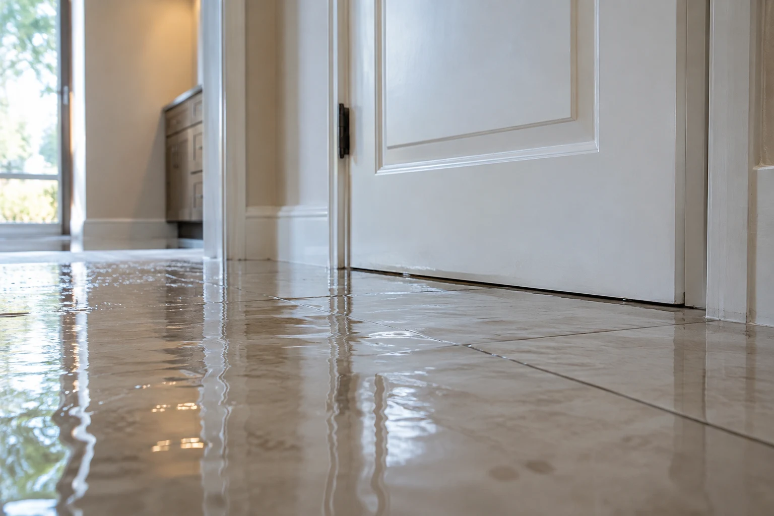 Illustration of standing water across a tile floor near a doorway