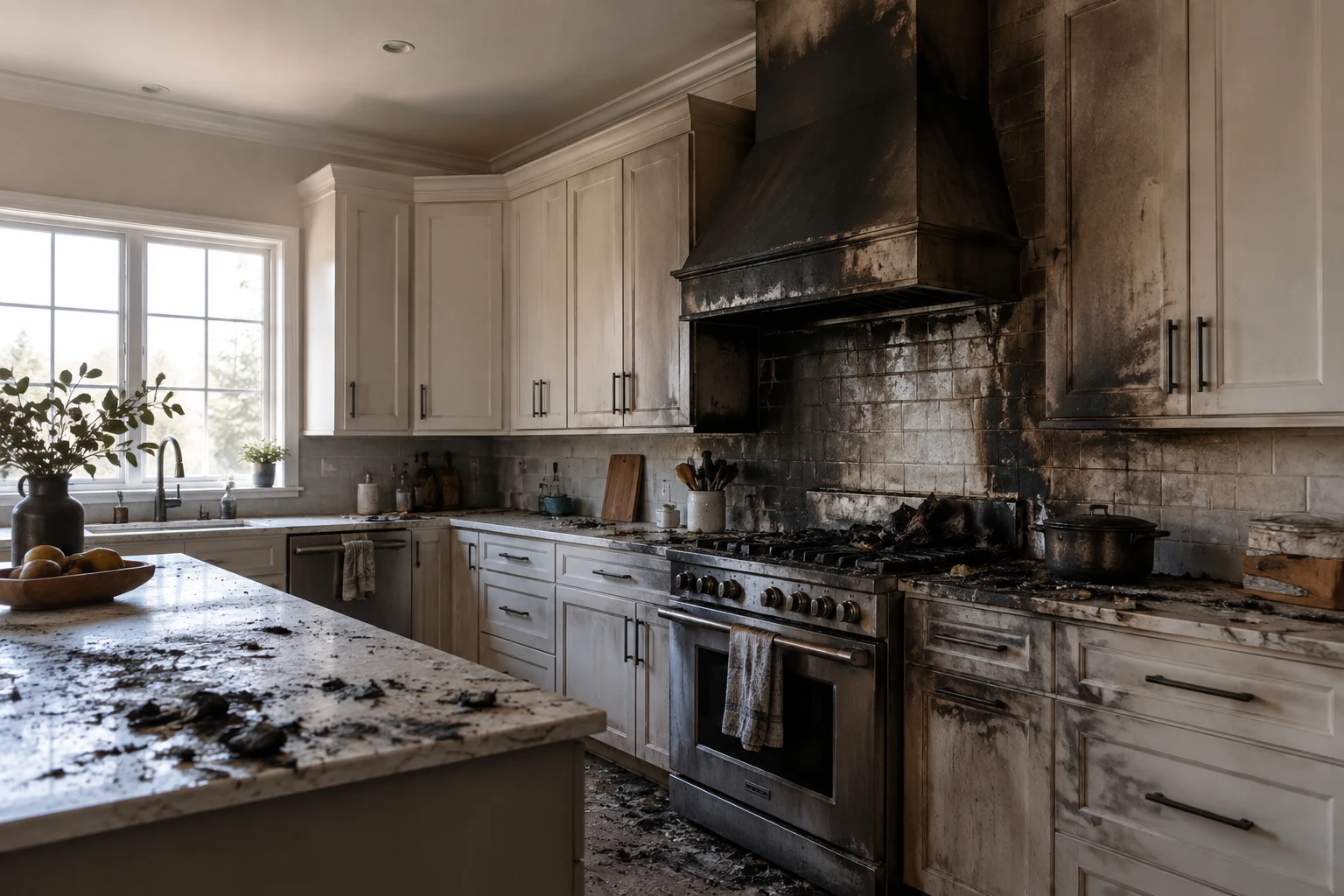 Illustration of a kitchen with fire and soot damage around the stove