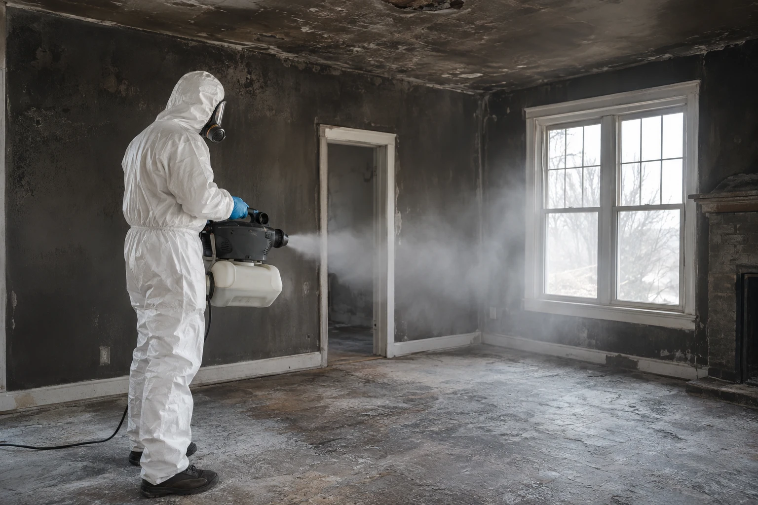 Illustration of a worker using misting equipment in a soot-stained room
