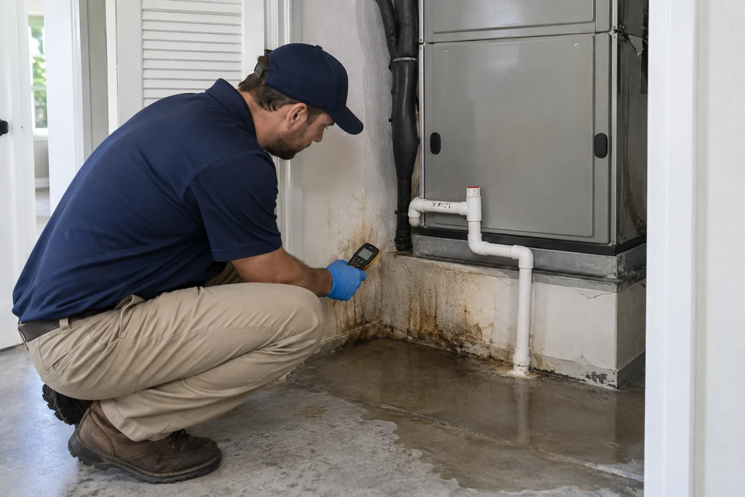 Illustration of a technician inspecting damp flooring beside an air-conditioning unit