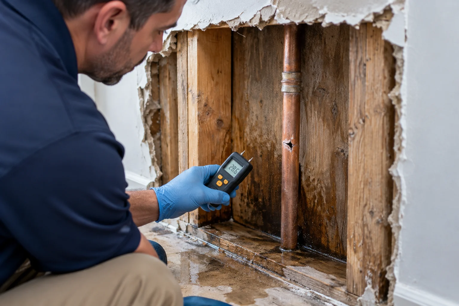 Illustration of a technician inspecting a pipe inside a damp wall cavity
