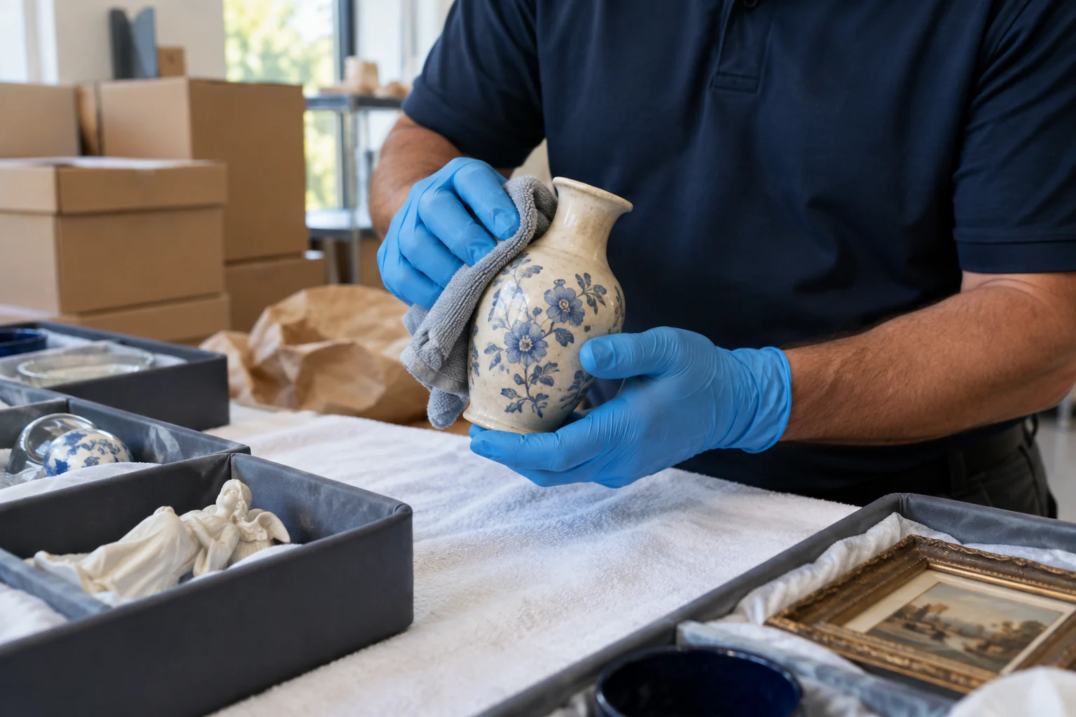 Illustration of gloved hands cleaning a ceramic keepsake