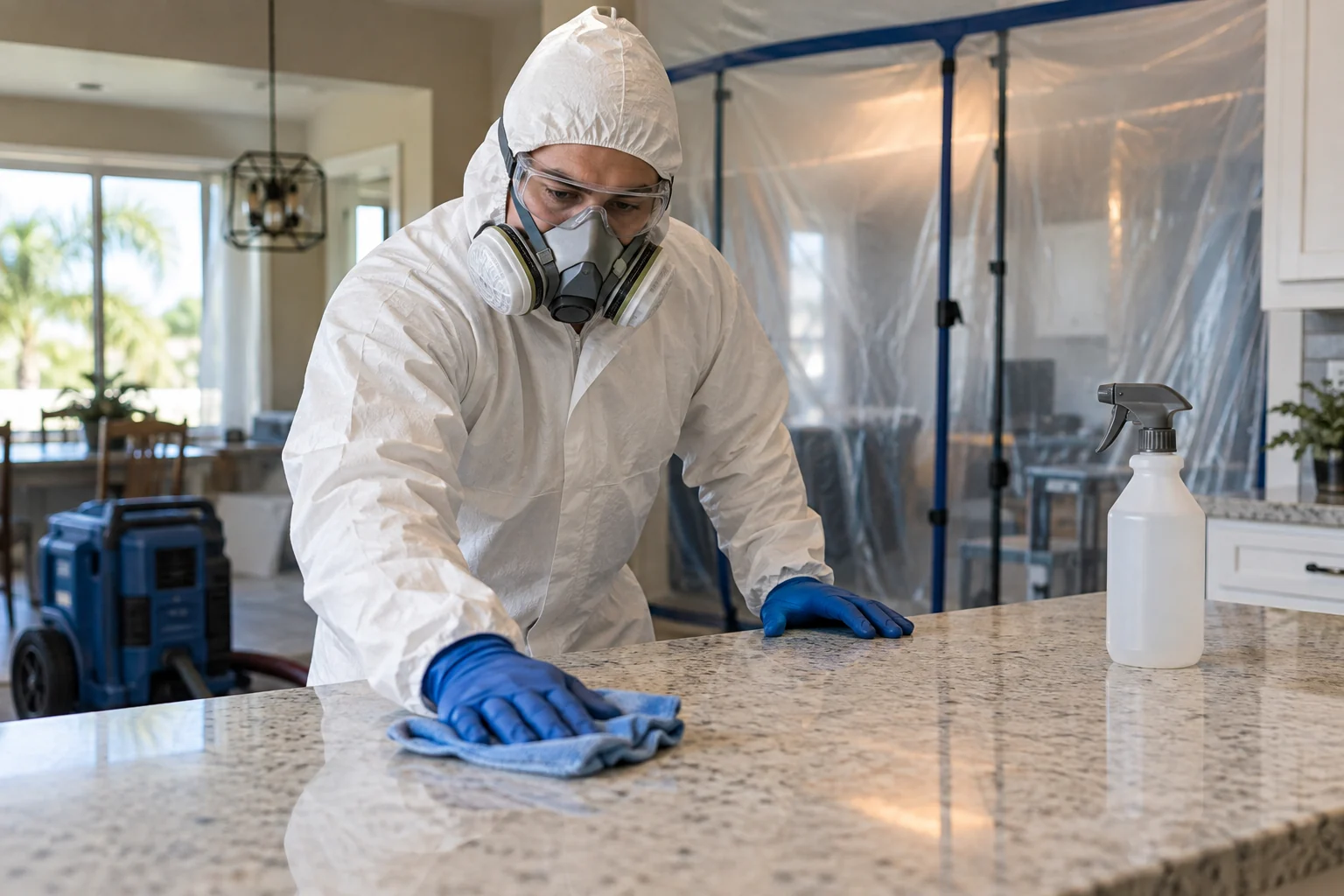 Illustration of a protected worker cleaning a countertop inside containment