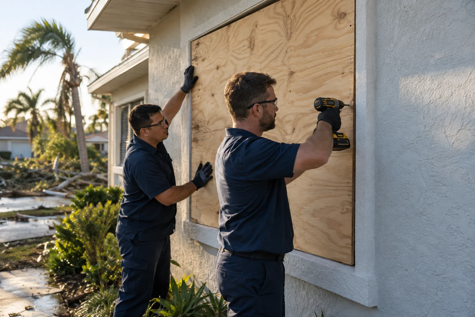 Illustration of workers securing plywood over a window opening