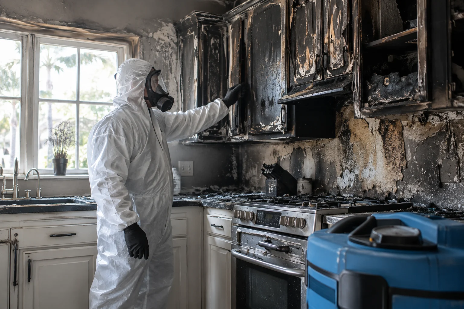 Illustration of a worker in protective clothing inspecting a fire-damaged kitchen