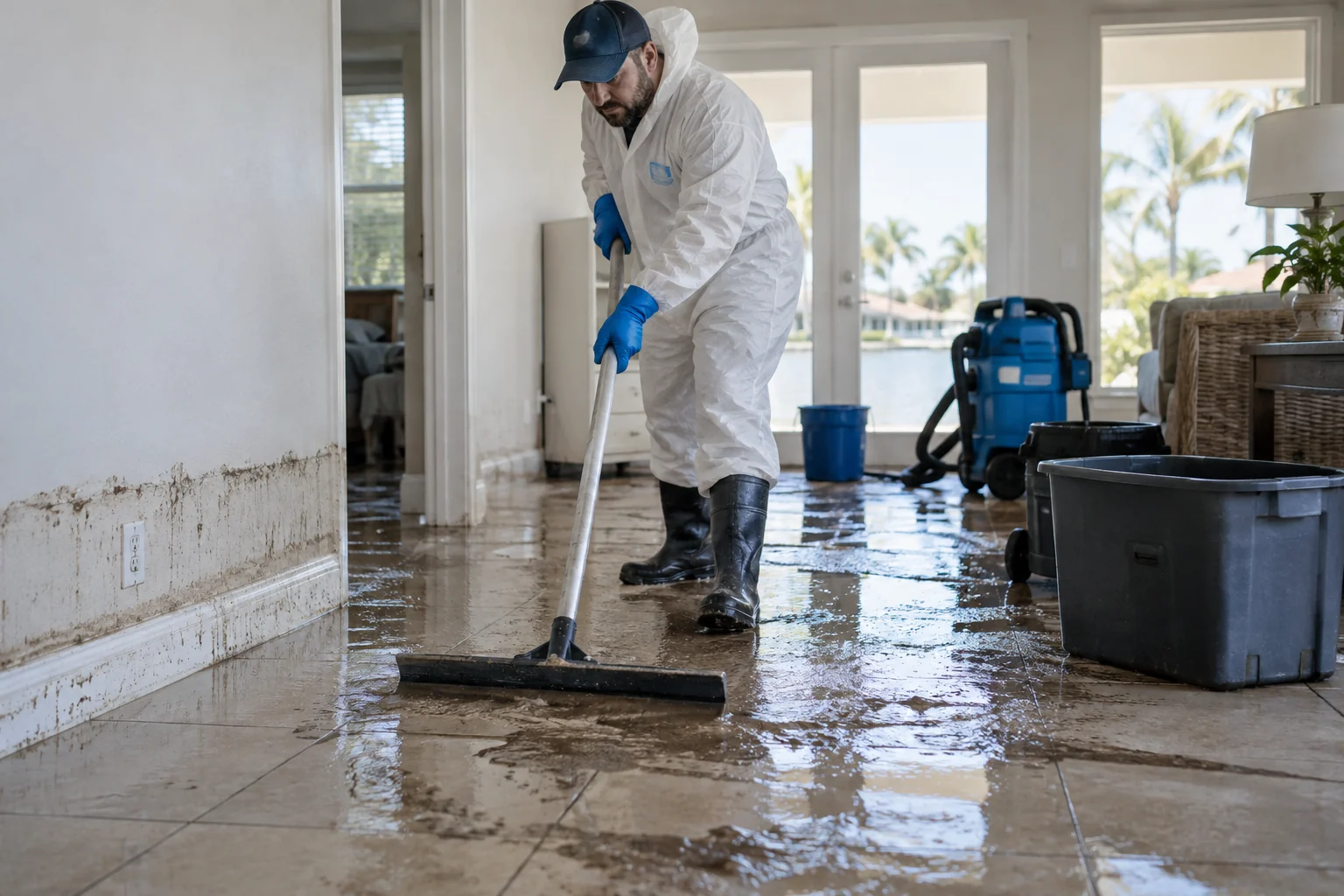Illustration of a worker clearing muddy water from a room