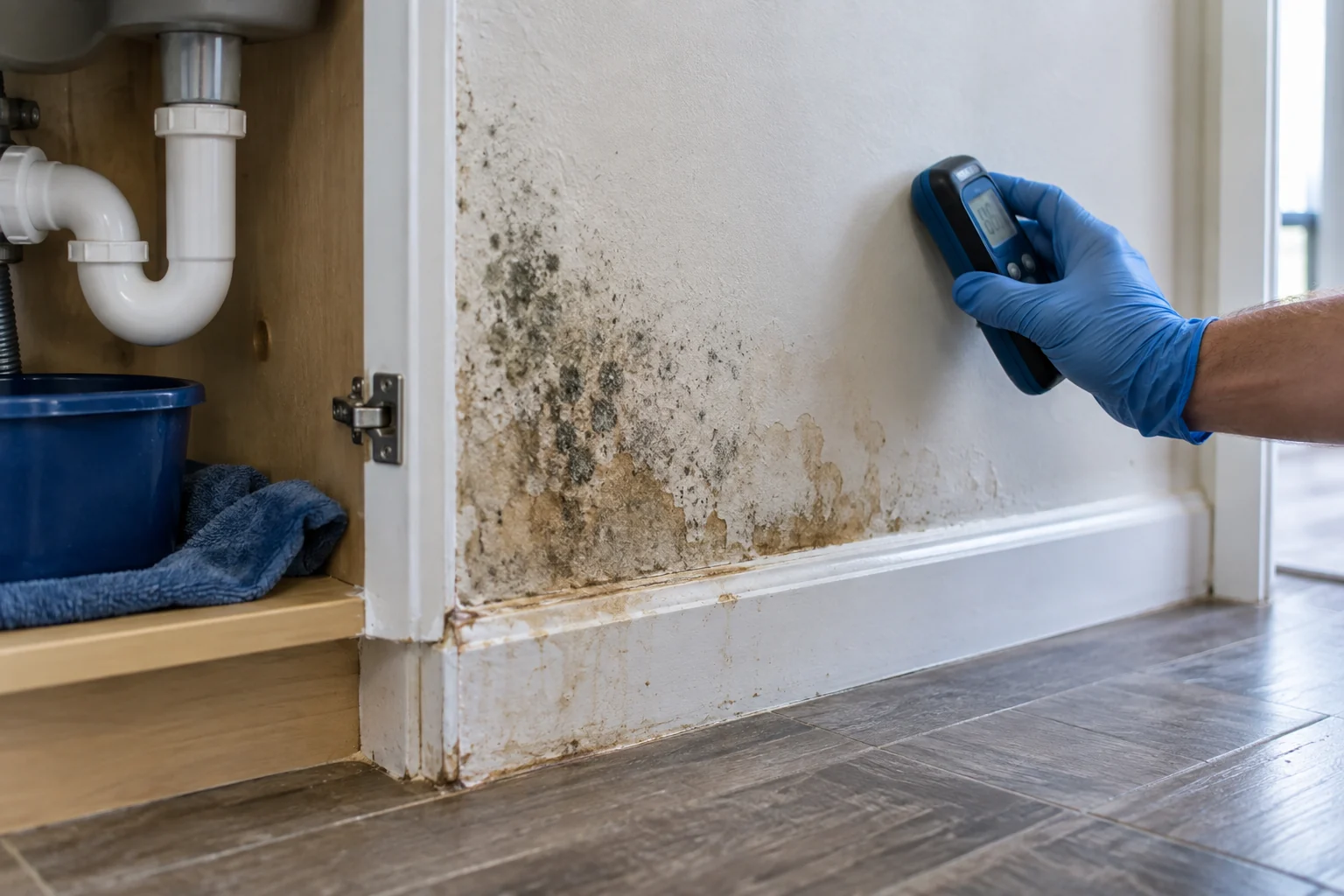 Illustration of a moisture meter against a stained wall beside exposed plumbing