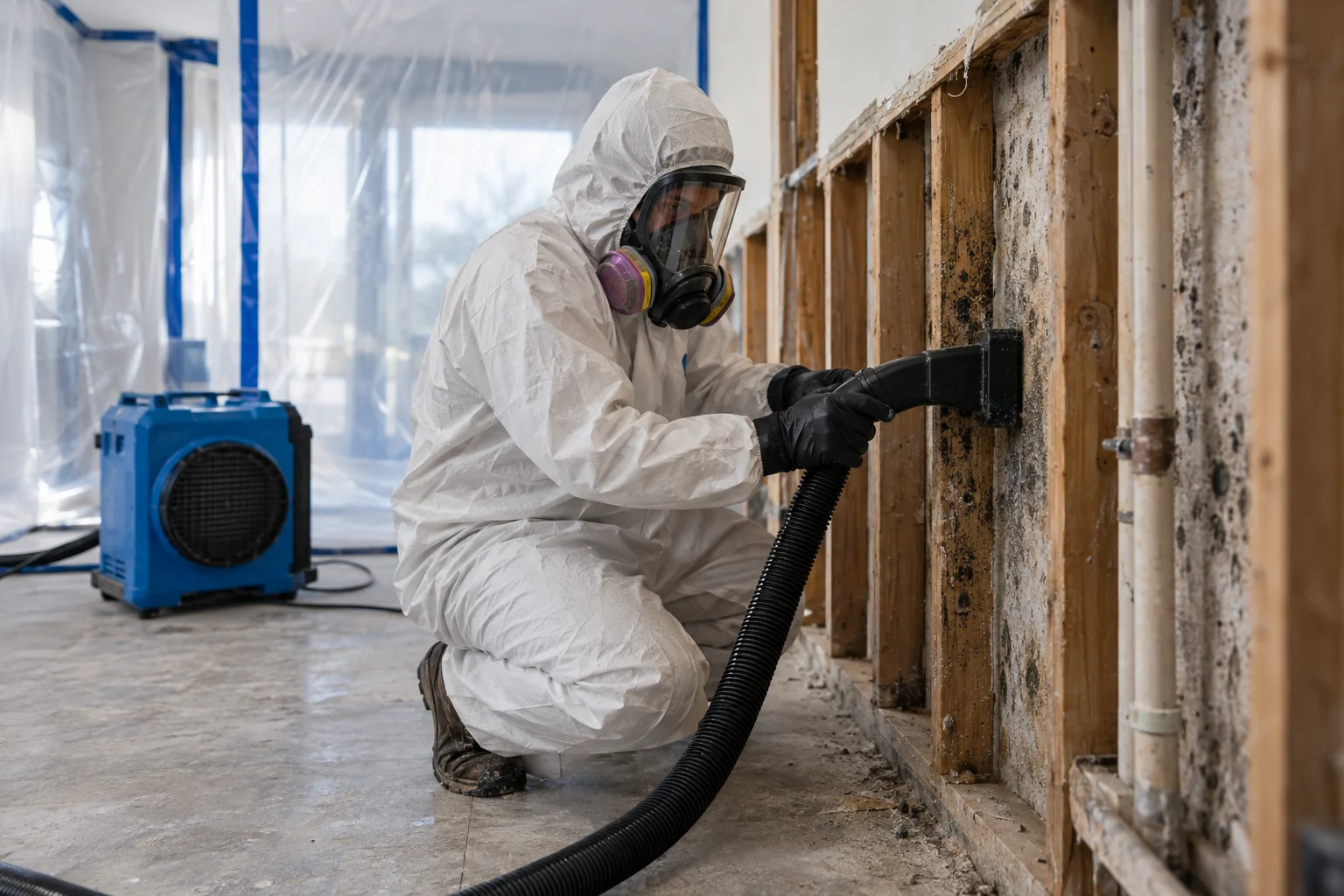 Illustration of a protected worker cleaning exposed wall framing