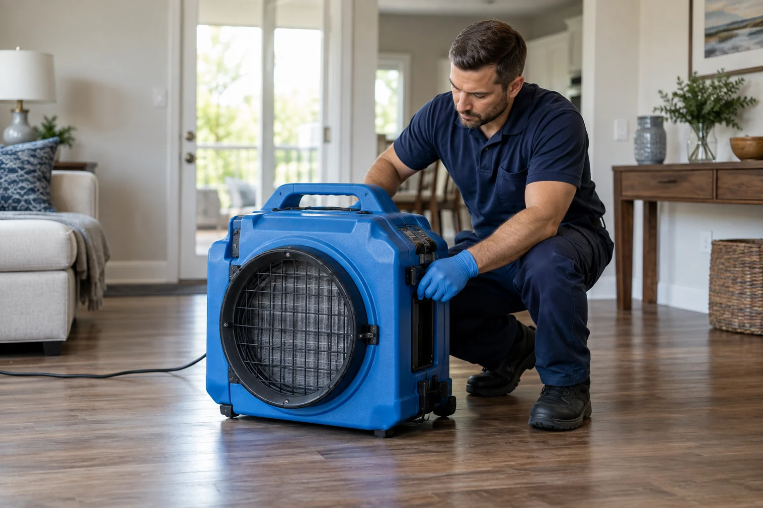 Illustration of a technician inspecting an air scrubber