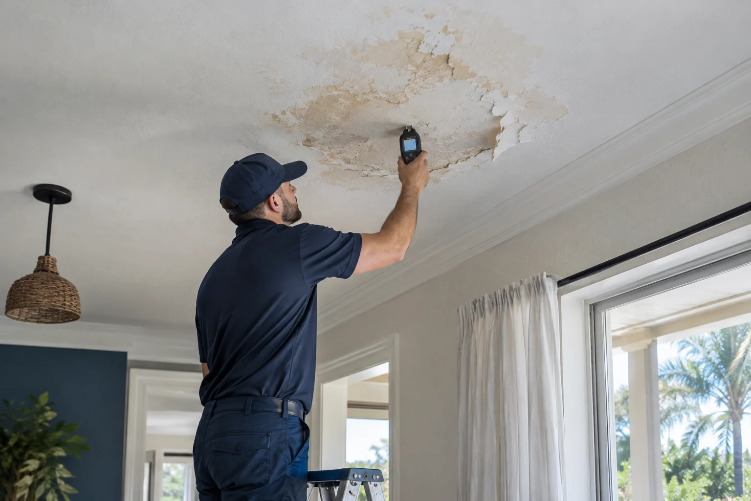 Illustration of a technician checking a stained ceiling with a moisture meter