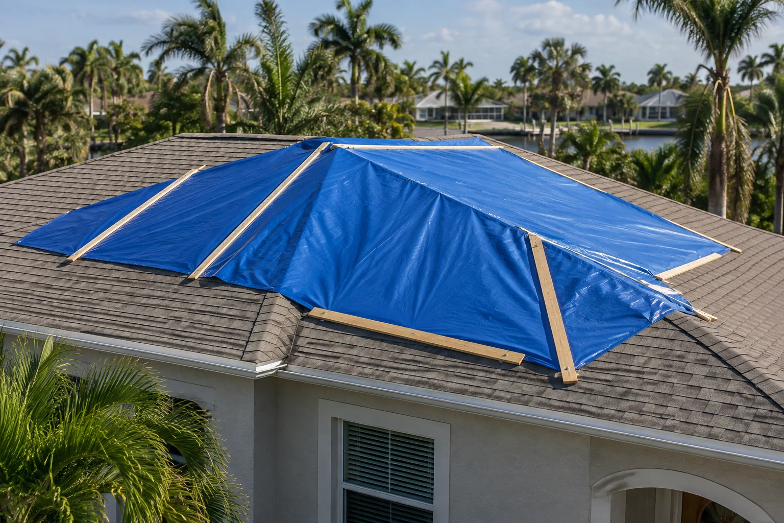 Illustration of a blue tarp secured over a damaged roof