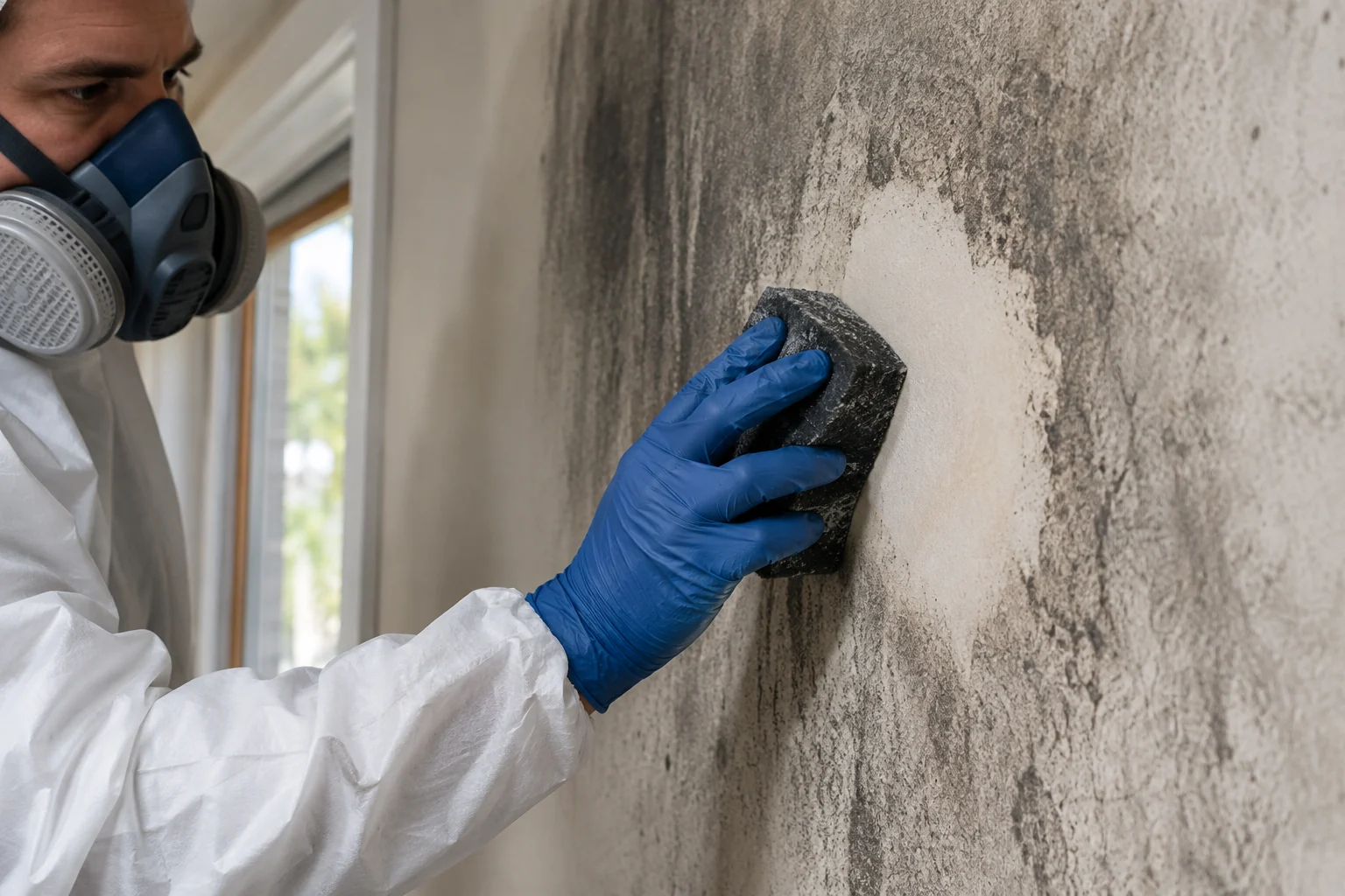 Illustration of a gloved worker cleaning soot from an interior wall