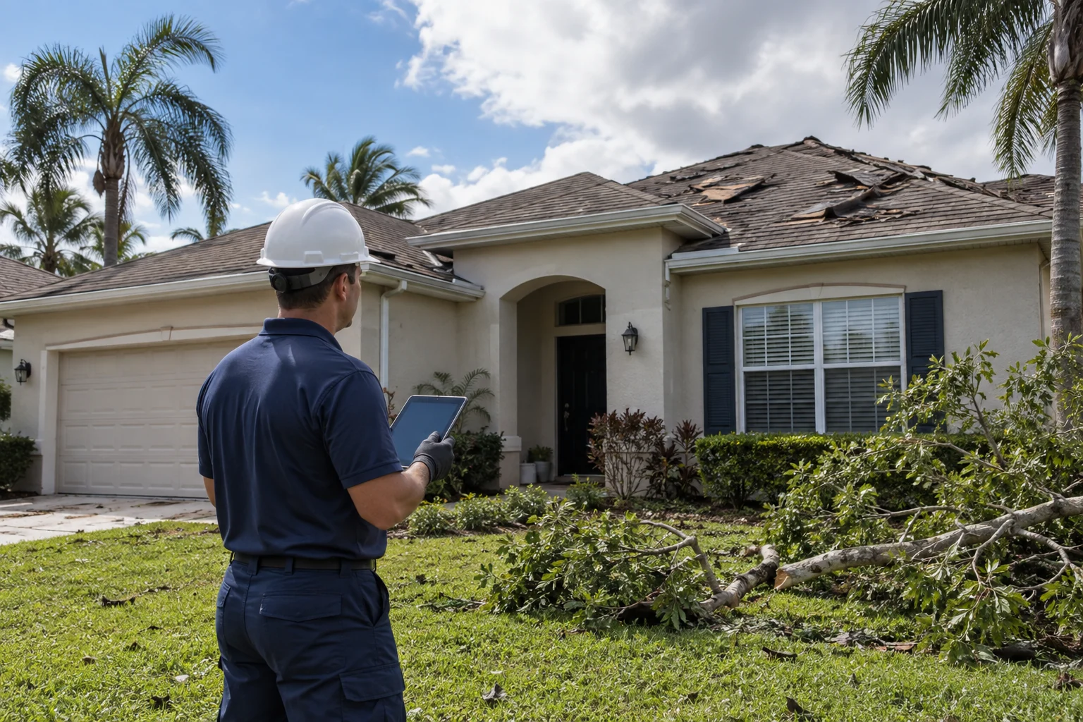 Illustration of a technician assessing roof damage and fallen branches outside a home