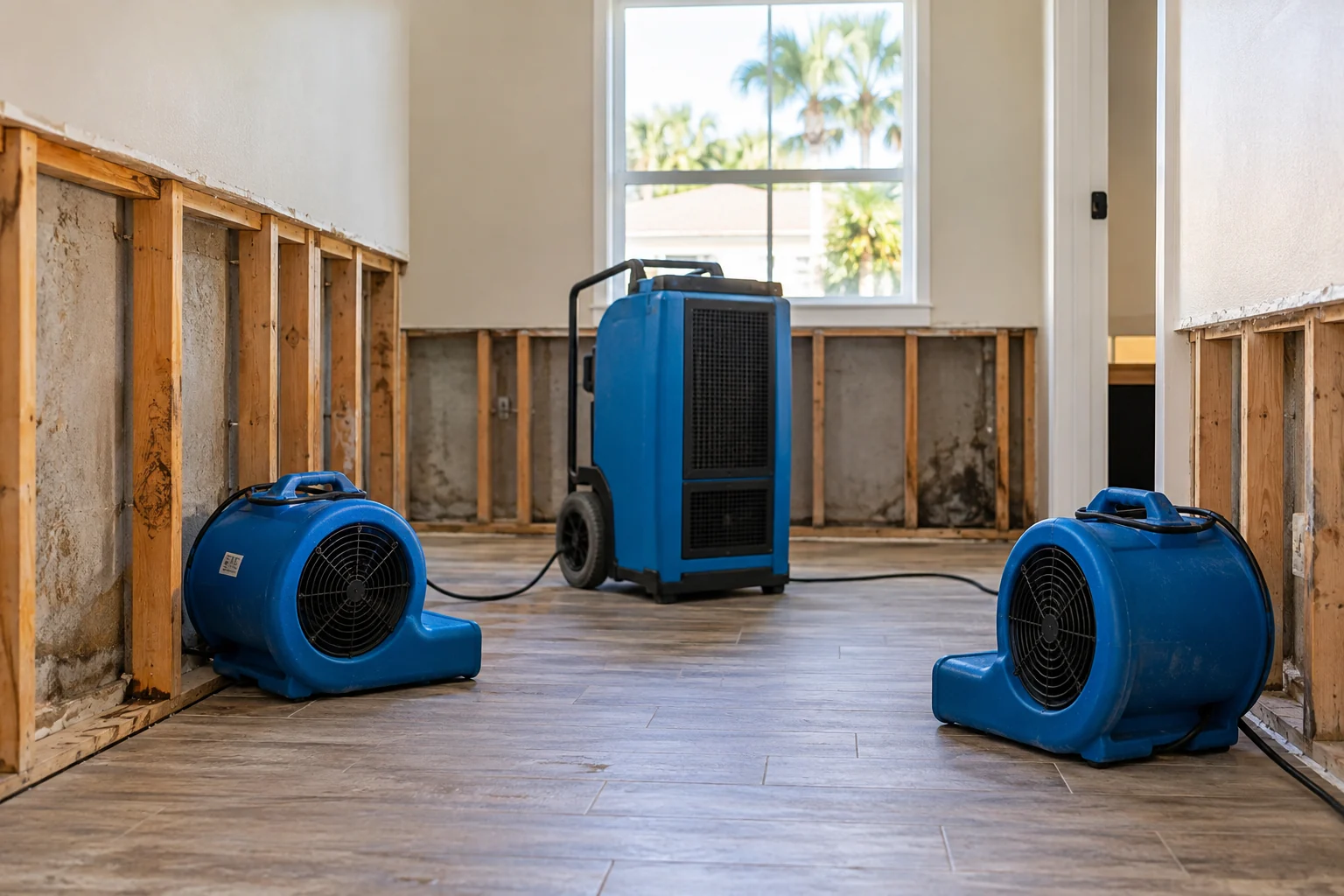 Illustration of air movers and a dehumidifier beside exposed wall cavities