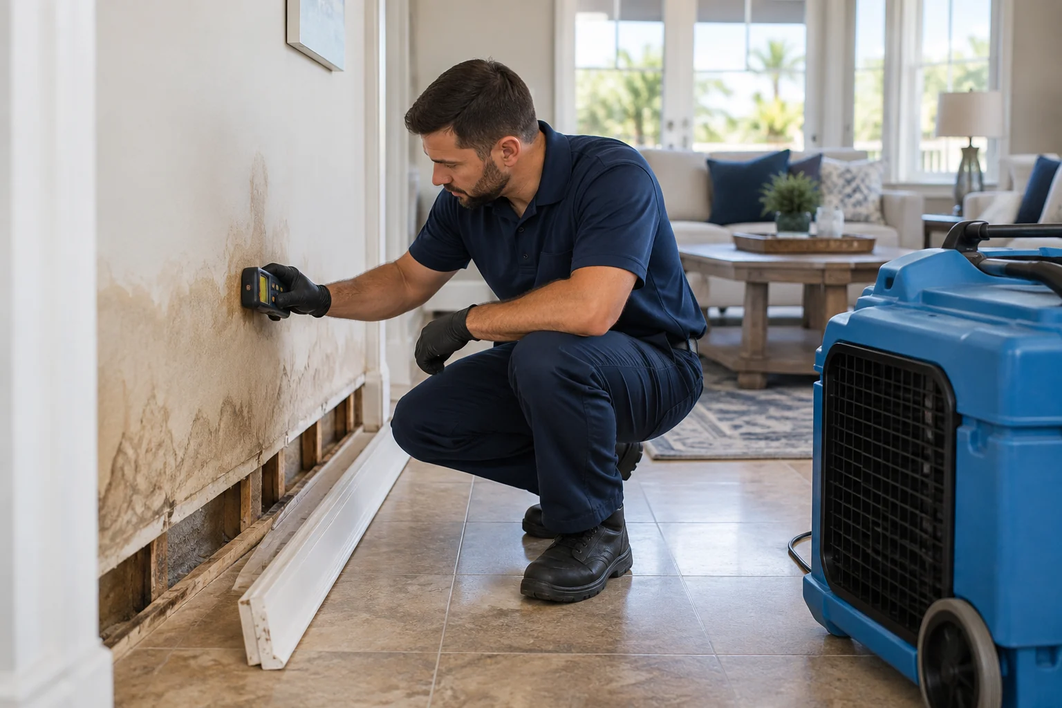 Illustration of a technician checking a water-damaged wall with a moisture meter