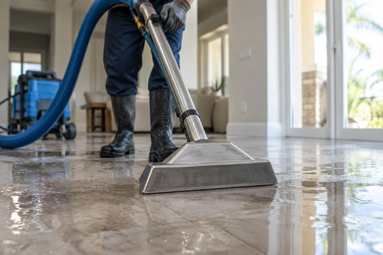 Illustration of an extraction wand removing water from a tile floor