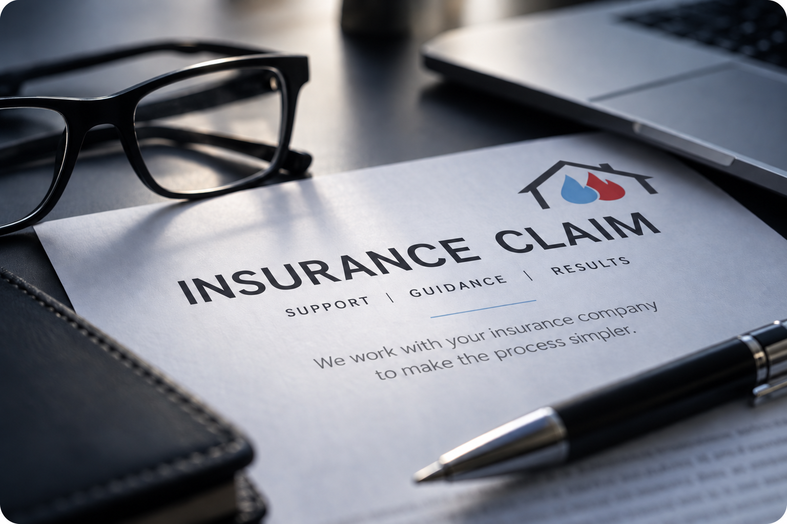 Illustration of an insurance claim document beside glasses, a laptop, and a pen